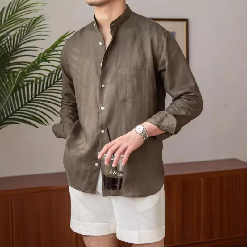 Men's Solid Color Linen Stand Collar Long Sleeve Shirt 09531051Z sold by Manly product image thumbnail 5