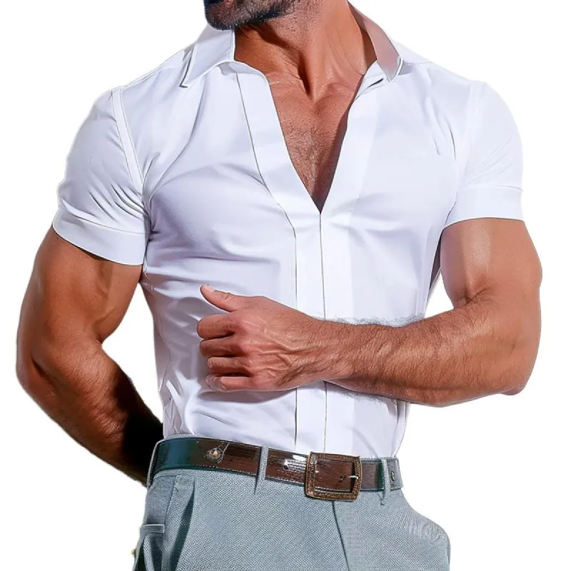 Men's Solid Lapel Short Sleeve Pullover Casual Shirt 73454526Z sold by Manly