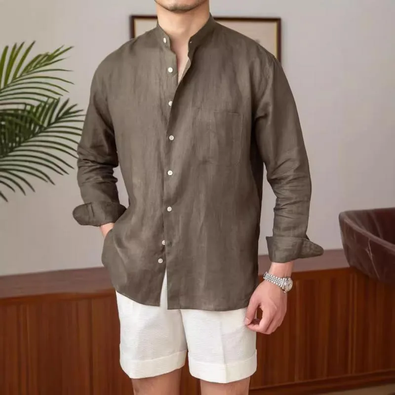 Men's Solid Color Linen Stand Collar Long Sleeve Shirt 09531051Z sold by Manly product image thumbnail 4
