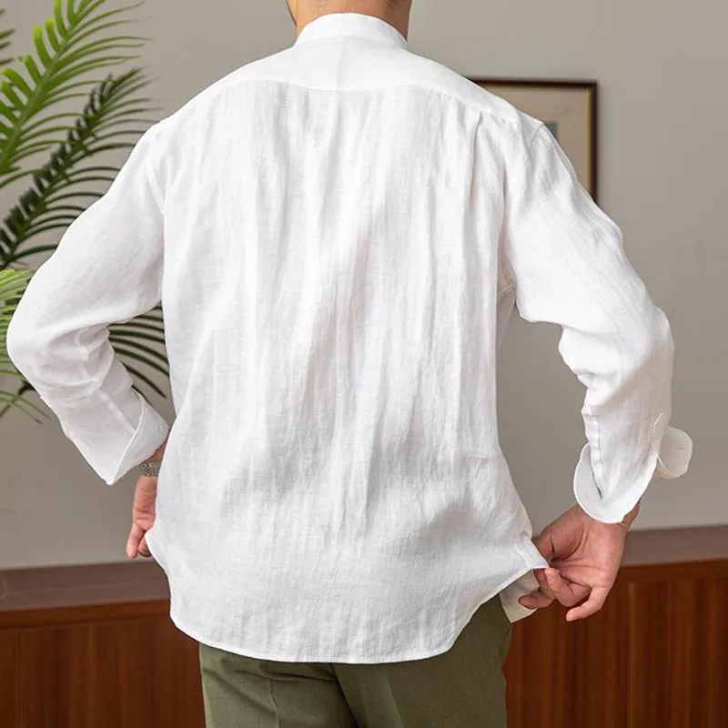 Men's Solid Color Linen Stand Collar Long Sleeve Shirt 09531051Z sold by Manly product image thumbnail 3