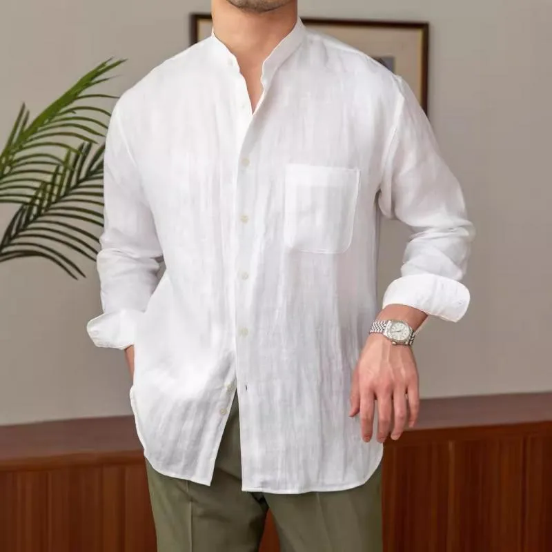 Men's Solid Color Linen Stand Collar Long Sleeve Shirt 09531051Z sold by Manly product image thumbnail 2
