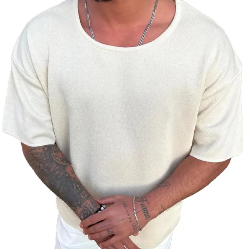 Men's Solid Color Loose Knit Round Neck Short Sleeve T-shirt 12306954Z sold by Manly
