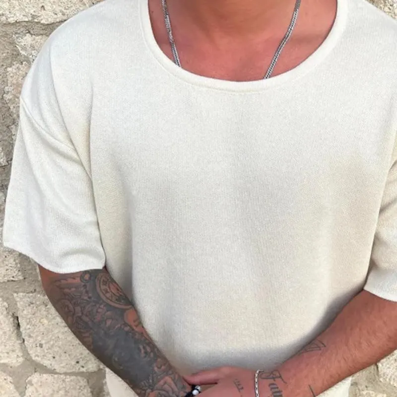 Men's Solid Color Loose Knit Round Neck Short Sleeve T-shirt 12306954Z sold by Manly product image thumbnail 4