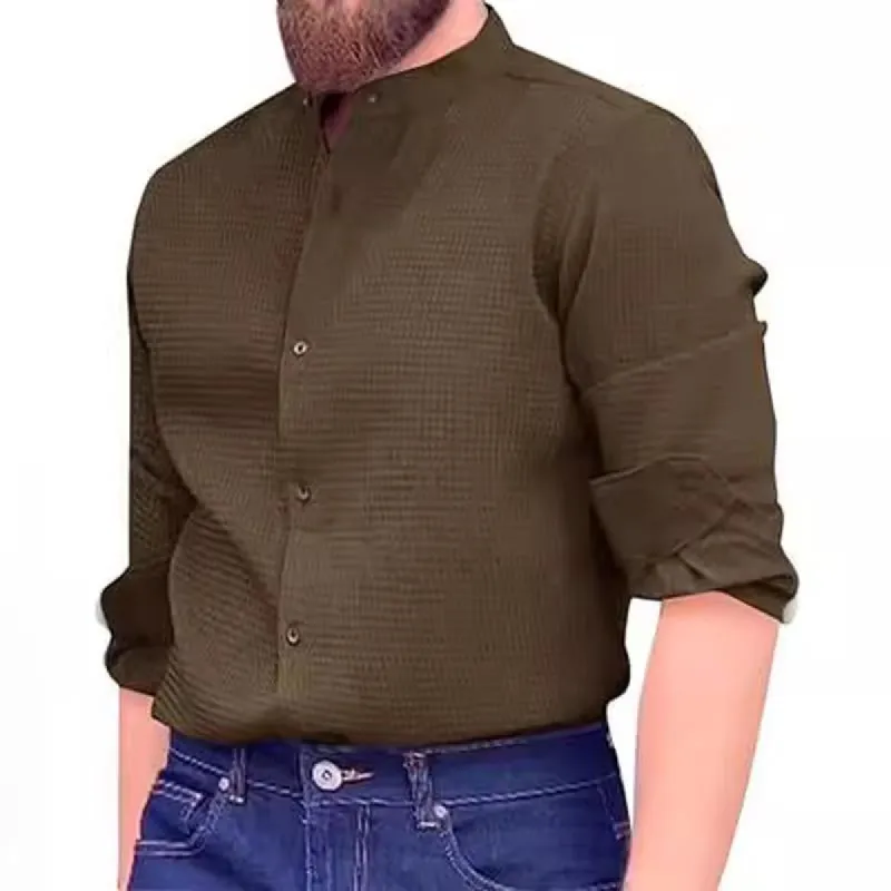 Men's Casual Waffle Stand Collar Long Sleeve Shirt 72107953M sold by Manly