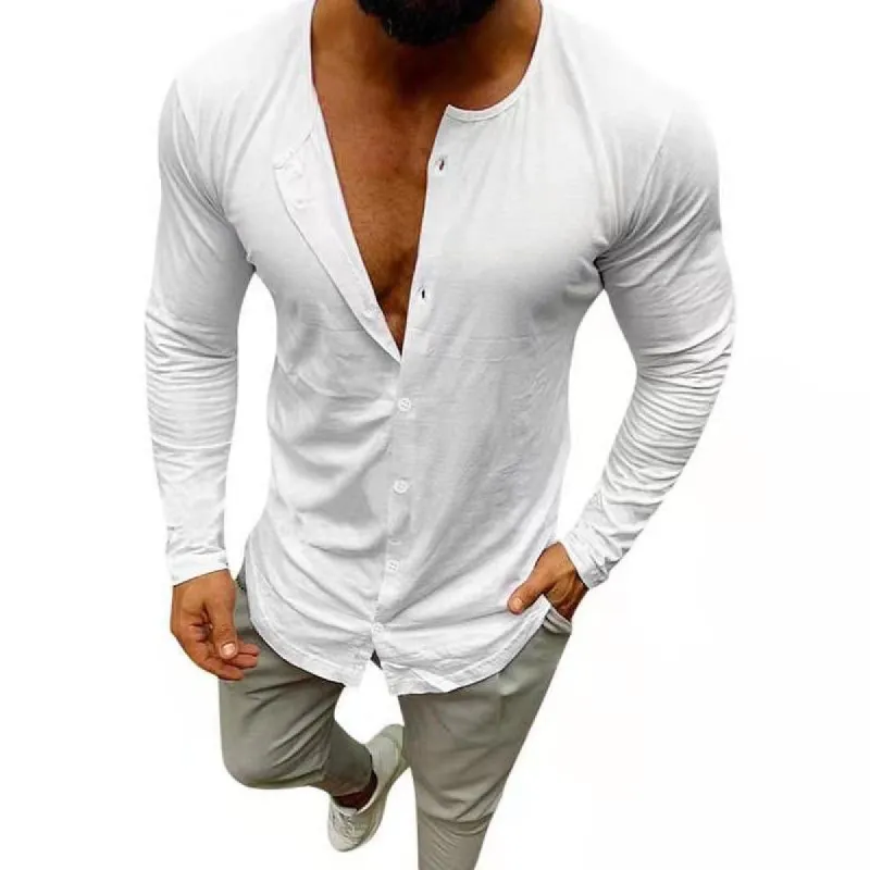 Men's Solid Color Long Sleeve Round Neck Button T-Shirt 19603398X sold by Manly