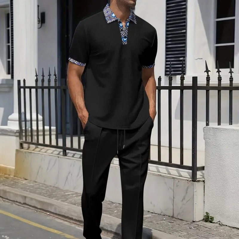 Men's Colorblock Printed Waffle Short-Sleeved Polo Shirt And Trousers Set 85657447Y sold by Manly product image thumbnail 3