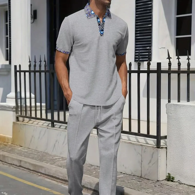 Men's Colorblock Printed Waffle Short-Sleeved Polo Shirt And Trousers Set 85657447Y sold by Manly product image thumbnail 4