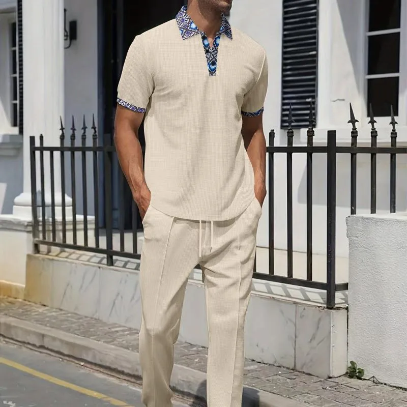 Men's Colorblock Printed Waffle Short-Sleeved Polo Shirt And Trousers Set 85657447Y sold by Manly product image thumbnail 2