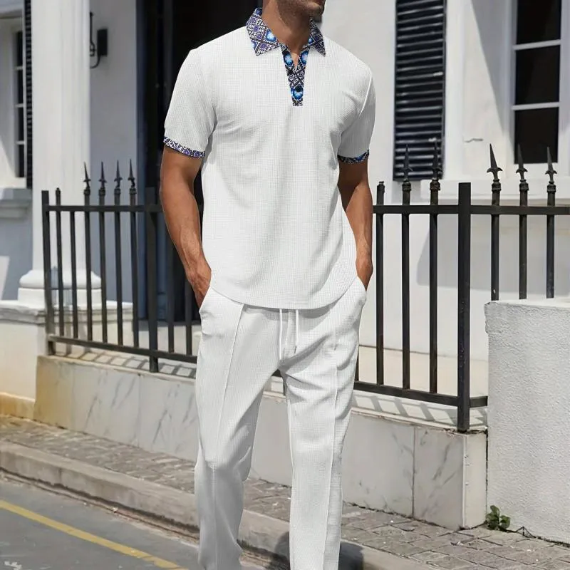Men's Colorblock Printed Waffle Short-Sleeved Polo Shirt And Trousers Set 85657447Y sold by Manly product image thumbnail 5