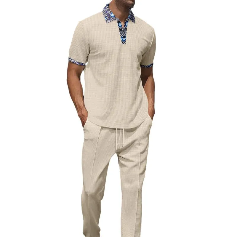 Men's Colorblock Printed Waffle Short-Sleeved Polo Shirt And Trousers Set 85657447Y sold by Manly