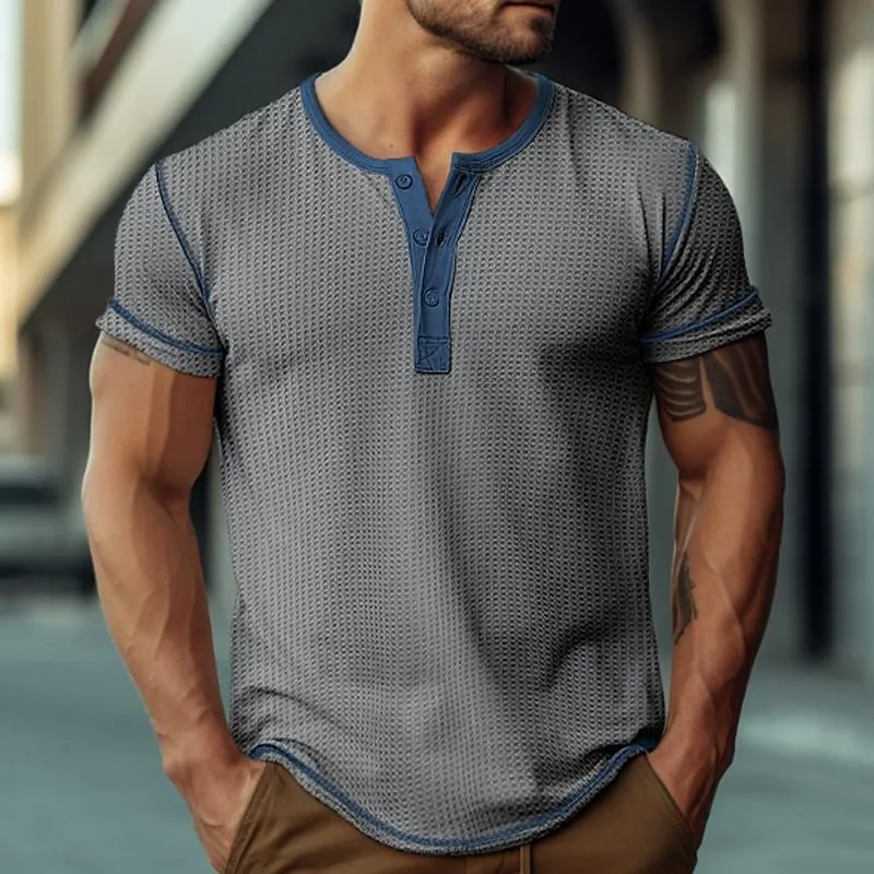 Men's Waffle Henley Collar Color Block Short Sleeves T-shirt 47068701Y sold by Manly product image thumbnail 3