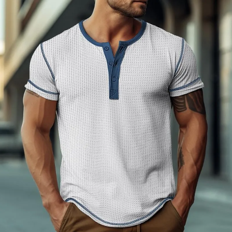 Men's Waffle Henley Collar Color Block Short Sleeves T-shirt 47068701Y sold by Manly product image thumbnail 5