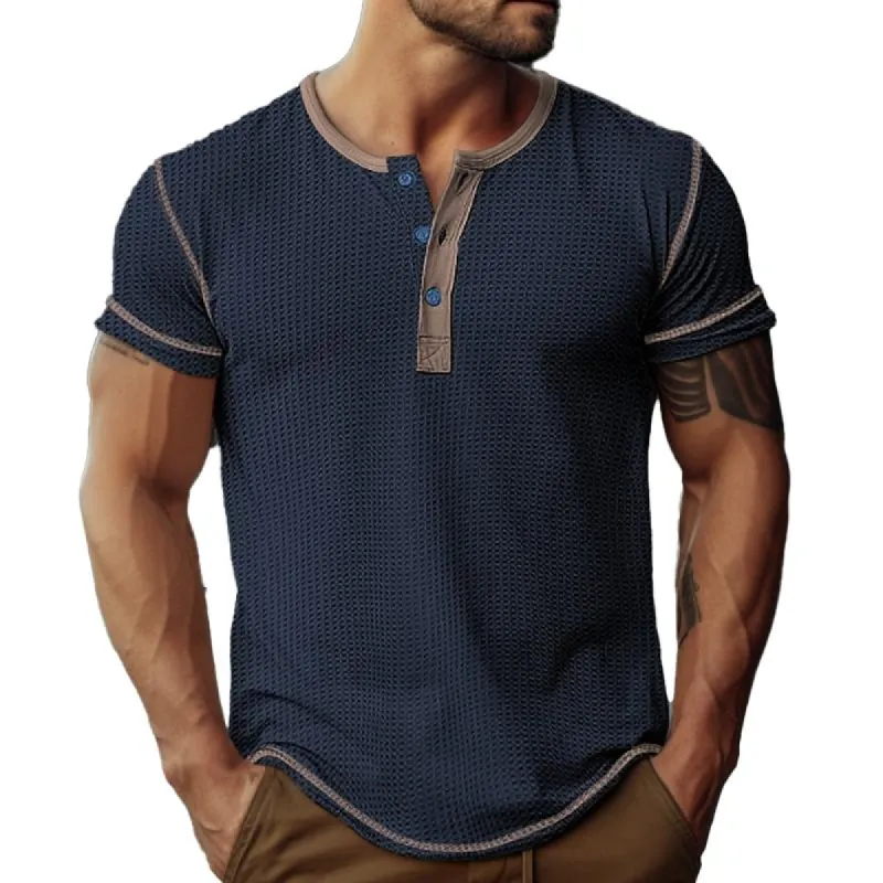Men's Waffle Henley Collar Color Block Short Sleeves T-shirt 47068701Y sold by Manly