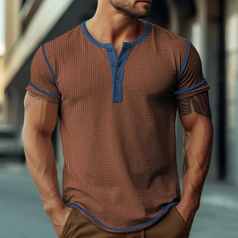 Men's Waffle Henley Collar Color Block Short Sleeves T-shirt 47068701Y sold by Manly product image thumbnail 4
