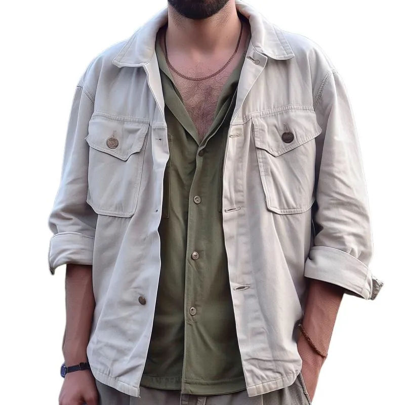 Men's Solid Color Cotton Lapel Breast Pocket Cargo Jacket 08200161Z sold by Manly