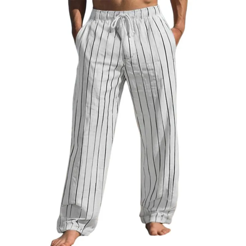 Men's Casual Cotton Linen Striped Elastic Waist Loose Pants 53145284M sold by Manly
