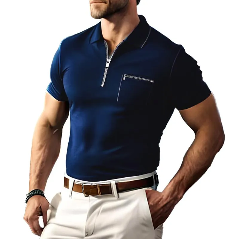 Men's Vintage Solid Chest Pocket Short Sleeve Polo Shirt 23235285Y sold by Manly