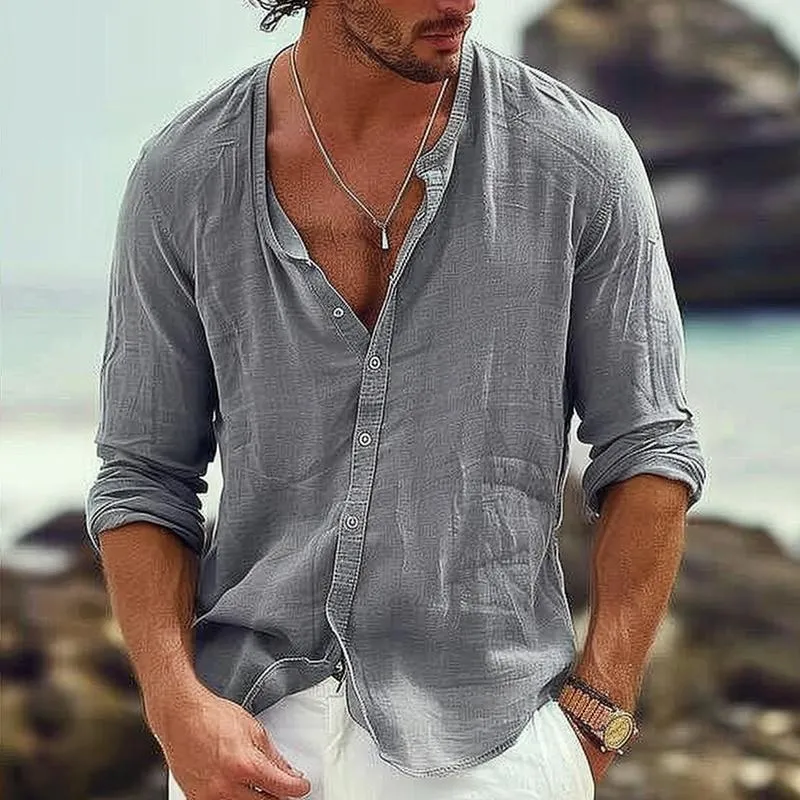 Men's Casual Cotton Linen Stand Collar Single Breasted Long-Sleeved Shirt 65382678M sold by Manly product image thumbnail 2