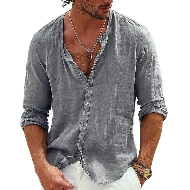 Men's Casual Cotton Linen Stand Collar Single Breasted Long-Sleeved Shirt 65382678M sold by Manly