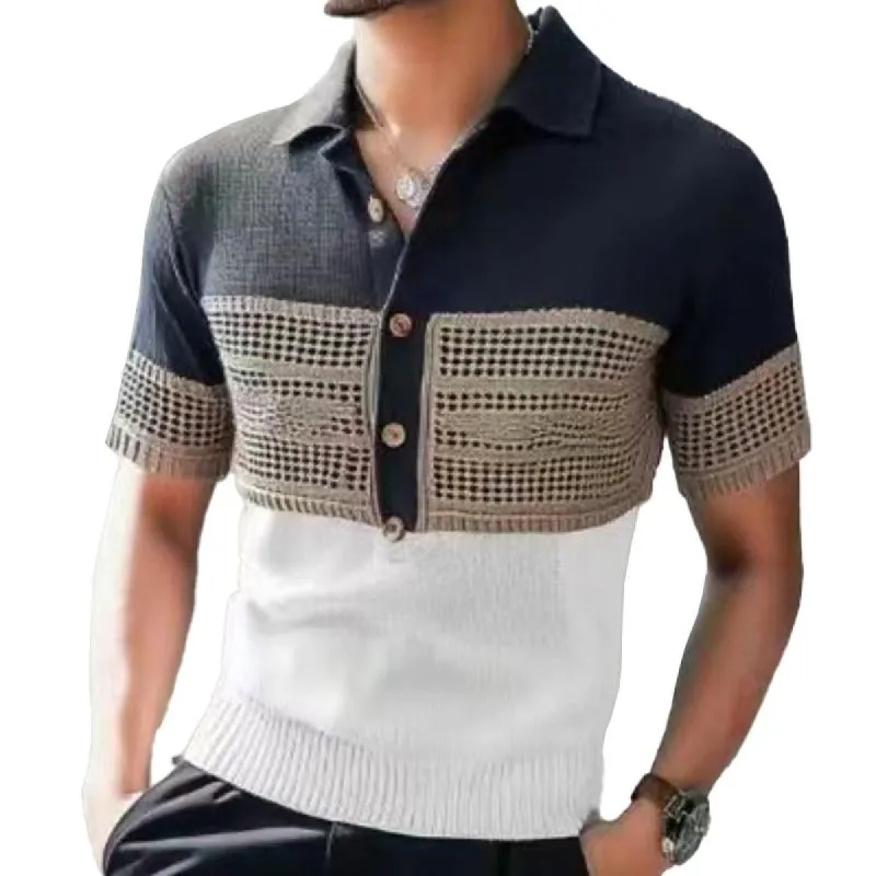 Men's Casual Contrast Lapel Hollow Short Sleeve Polo Shirt 44804390M sold by Manly