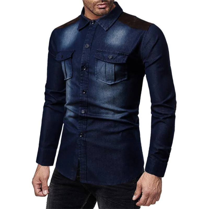 Men's Casual Lapel Denim Long Sleeve Shirt 60664062Y sold by Manly