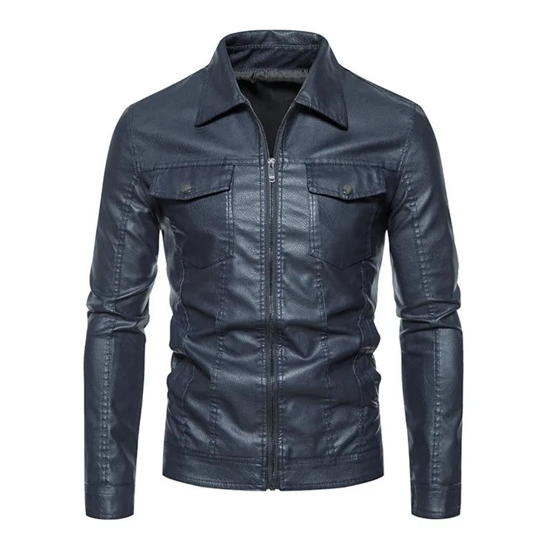 Men's Casual Thin Lapel Zipper Slim Fit Leather Jacket 54361387M sold by Manly product image thumbnail 5