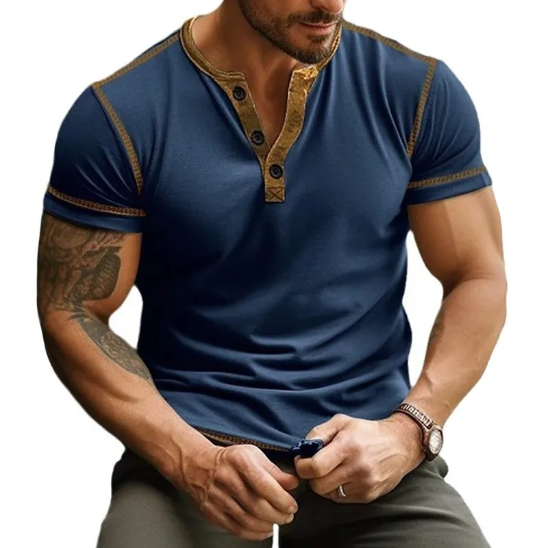 Men's Colorblock Henley Collar Short Sleeve T-shirt 00752165Z sold by Manly