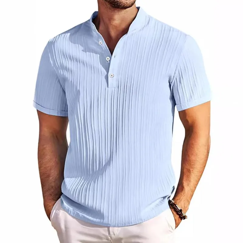 Men's Cotton And Linen Striped Henley Collar Short-Sleeved Shirt 62041492Y sold by Manly product image thumbnail 3