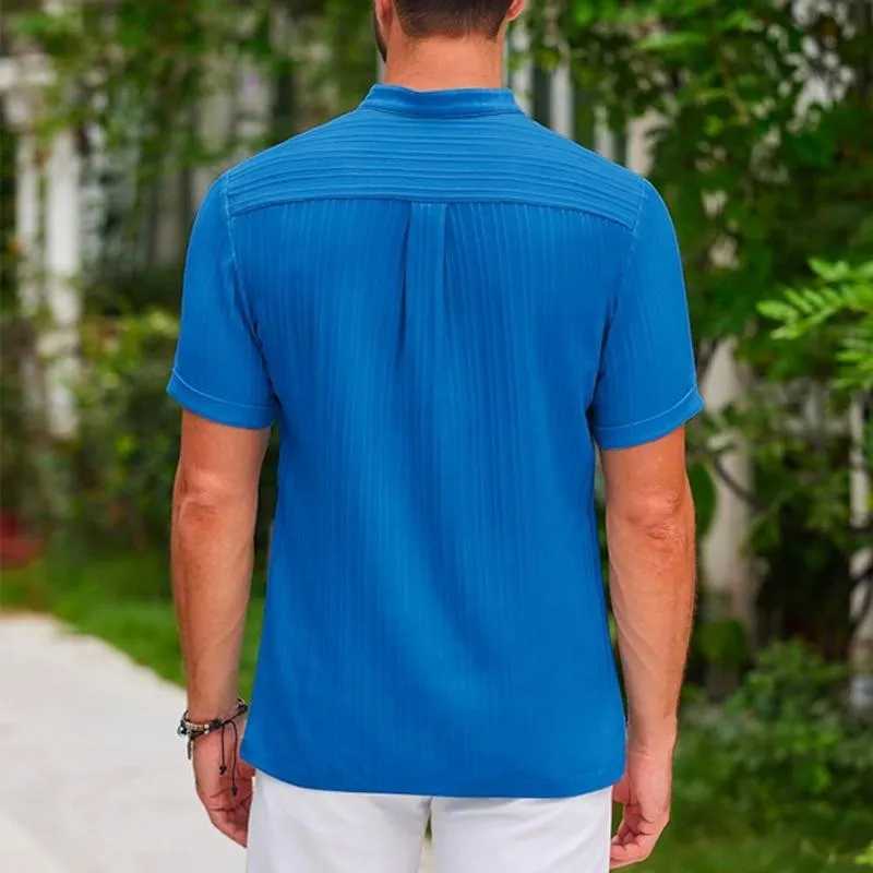 Men's Cotton And Linen Striped Henley Collar Short-Sleeved Shirt 62041492Y sold by Manly product image thumbnail 2