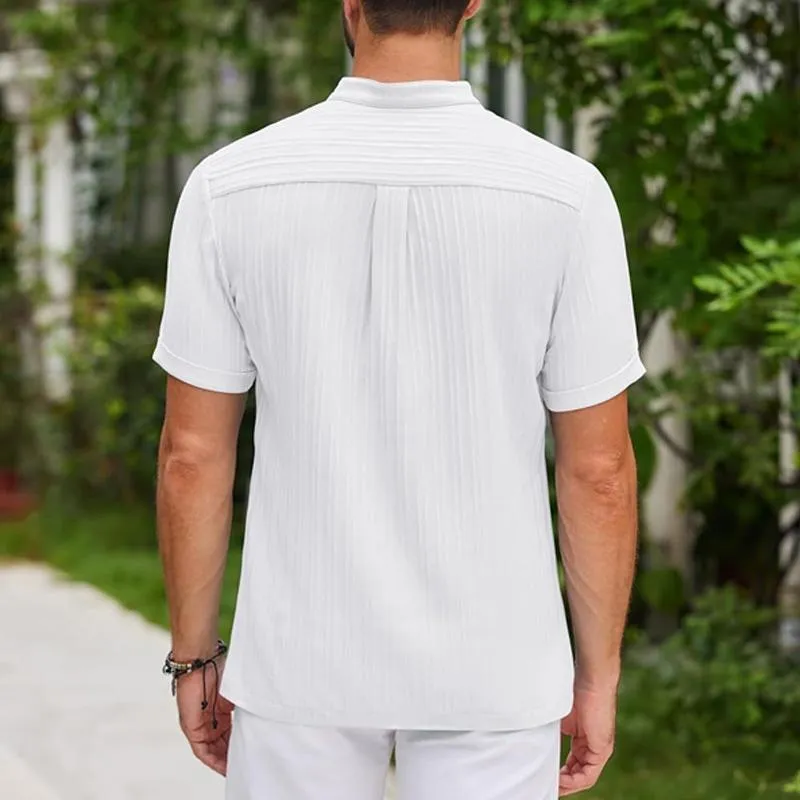 Men's Cotton And Linen Striped Henley Collar Short-Sleeved Shirt 62041492Y sold by Manly product image thumbnail 5