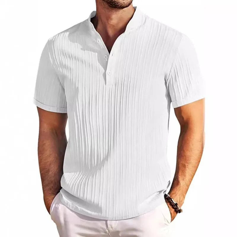 Men's Cotton And Linen Striped Henley Collar Short-Sleeved Shirt 62041492Y sold by Manly product image thumbnail 4