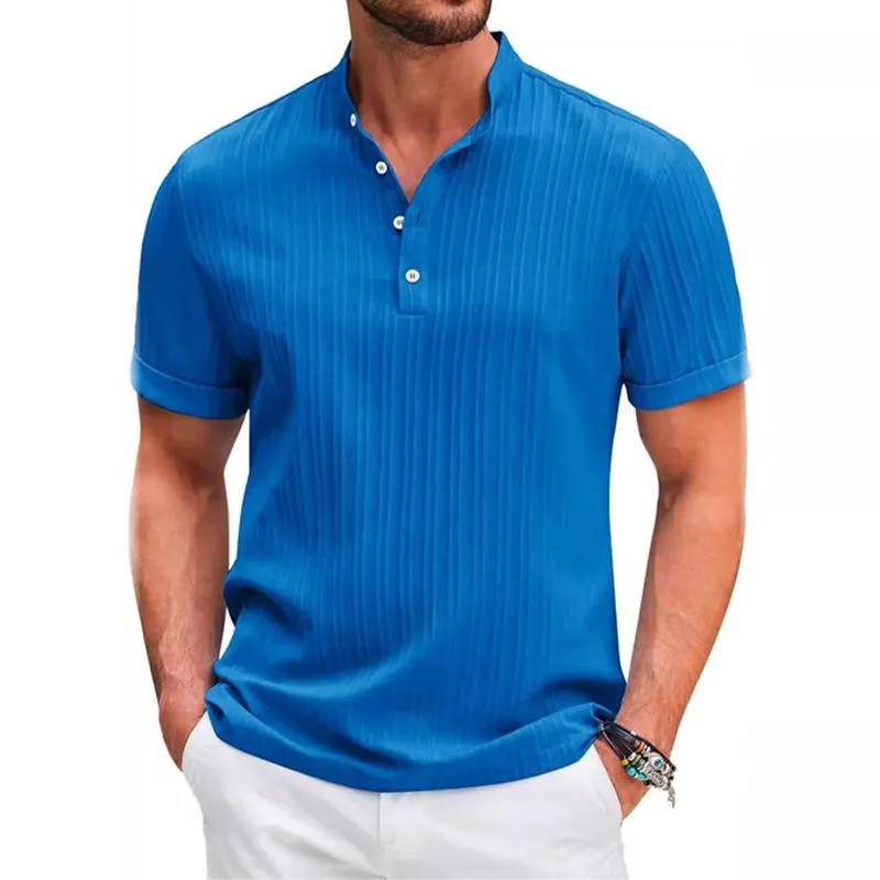 Men's Cotton And Linen Striped Henley Collar Short-Sleeved Shirt 62041492Y sold by Manly