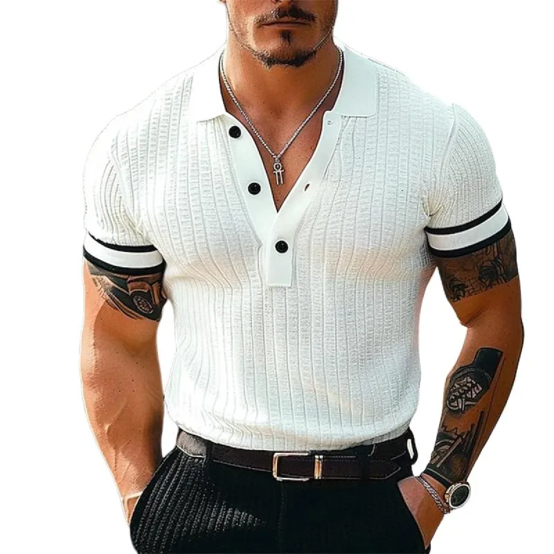 Men's Casual Cotton Blend Colorblock Lapel Short Sleeve Polo Shirt 90327053M sold by Manly