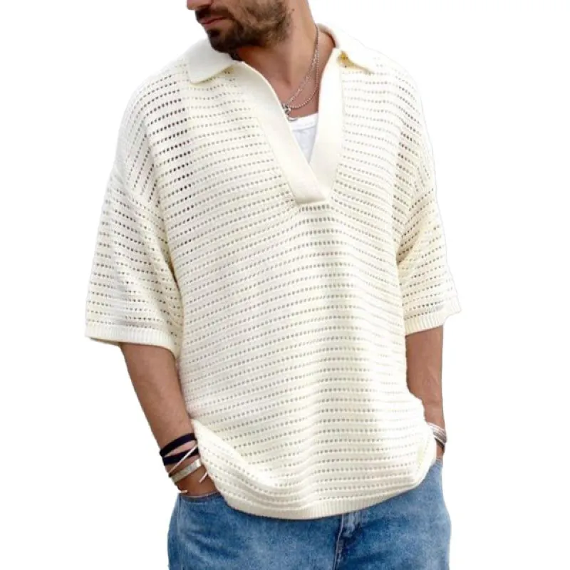 Men's Casual V-Neck Hollow Loose Short-Sleeved Knitted Short-Sleeved Shirt 32850974M sold by Manly