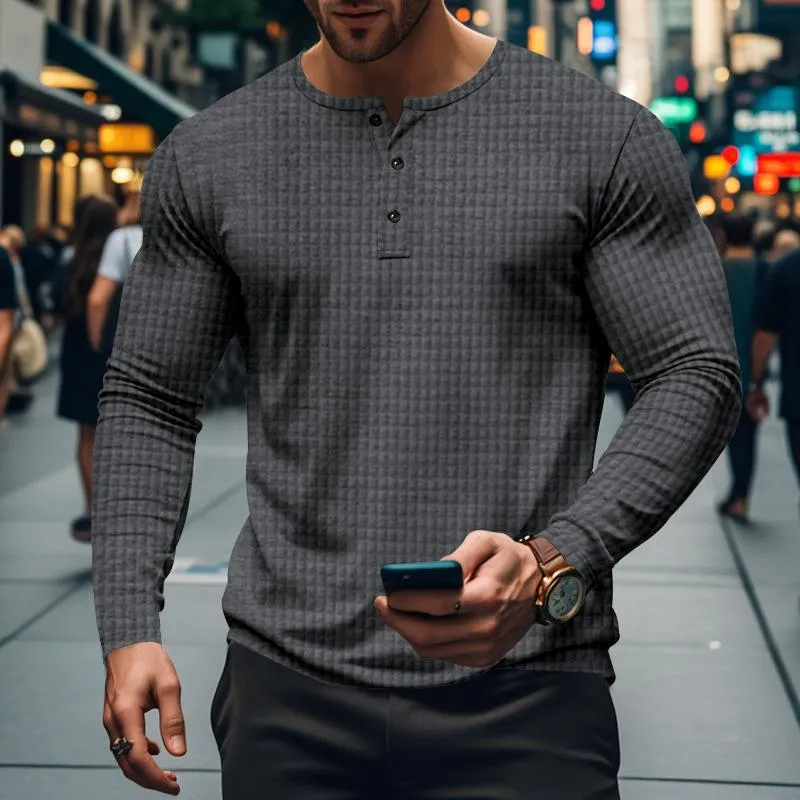 Men's Casual Vintage Solid Checkered Long Sleeve Henley T-Shirt 32523157TO sold by Manly product image thumbnail 2
