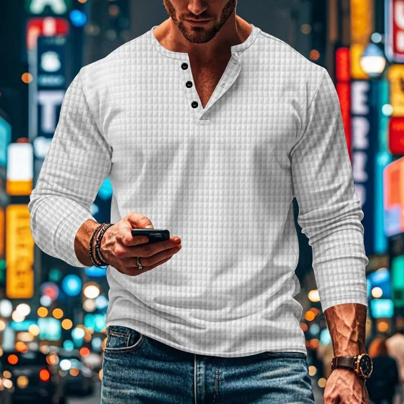 Men's Casual Vintage Solid Checkered Long Sleeve Henley T-Shirt 32523157TO sold by Manly product image thumbnail 4