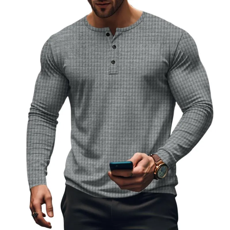 Men's Casual Vintage Solid Checkered Long Sleeve Henley T-Shirt 32523157TO sold by Manly