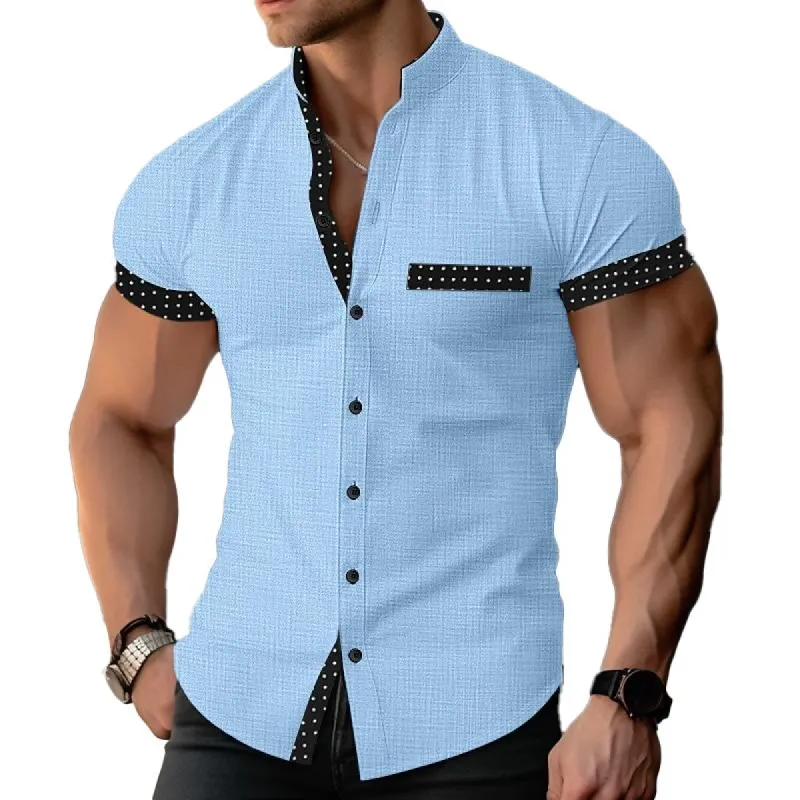 Men's Colorblock Stand Collar Breast Pocket Short Sleeve Cotton Linen Shirt 22524009Z sold by Manly