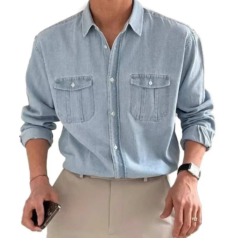 Men's Casual Washed Long Sleeve Cargo Denim Shirt 47685502Y sold by Manly
