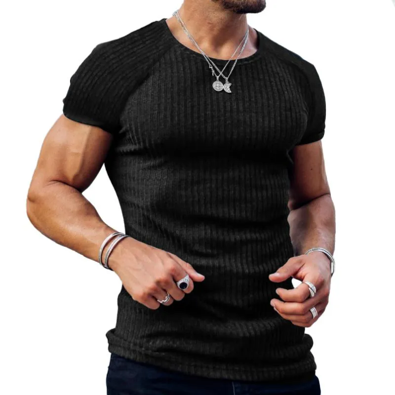 Men's Solid Striped Round Neck Short Sleeve Casual Sports T-shirt 97891295Z sold by Manly