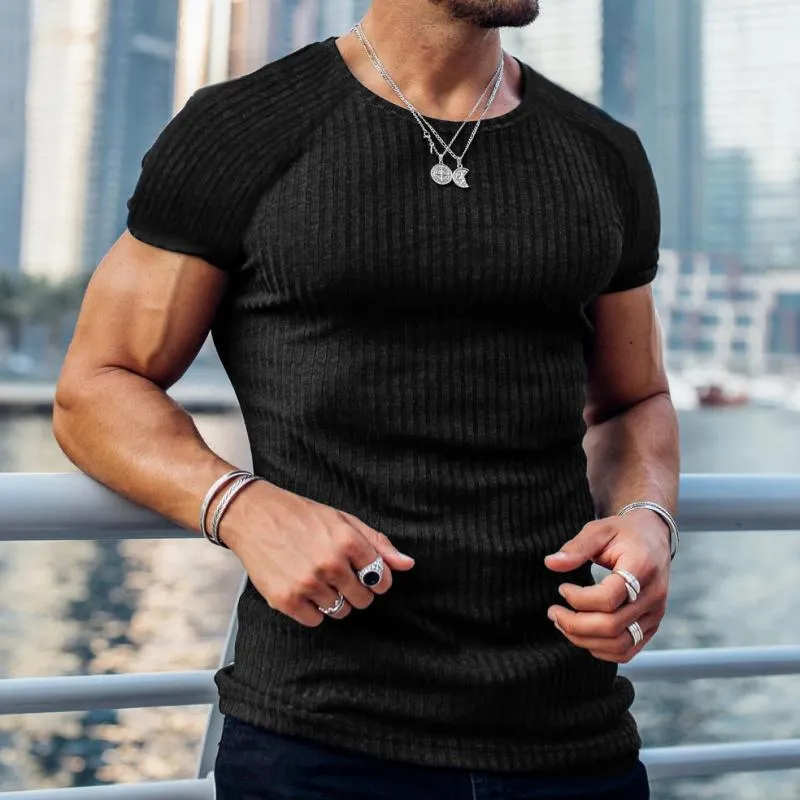 Men's Solid Striped Round Neck Short Sleeve Casual Sports T-shirt 97891295Z sold by Manly product image thumbnail 2