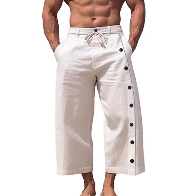 Men's Casual Solid Color Cotton Linen Multi-Button Cropped Pants 17860007M sold by Manly