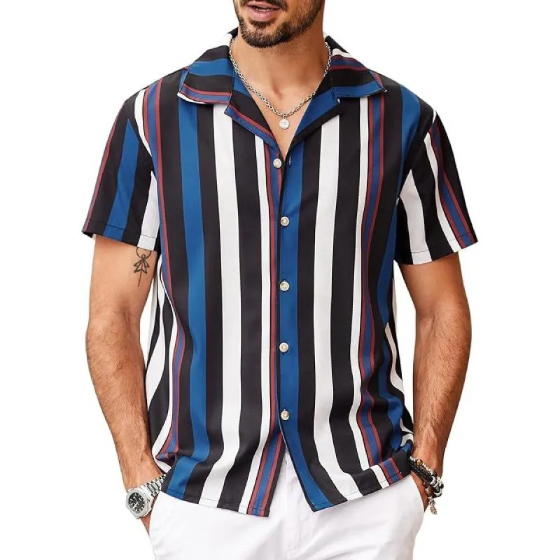 Men's Striped Lapel Short Sleeve Beach Shirt 08264367Z sold by Manly