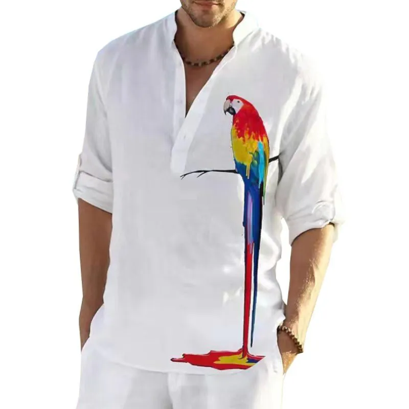 Men's Casual Cotton Linen Blend Parrot Print Long Sleeve Shirt 01841412M sold by Manly
