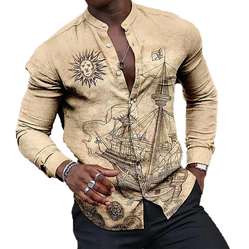 Men's Casual Printed Stand Collar Long Sleeve Shirt 25702372X sold by Manly