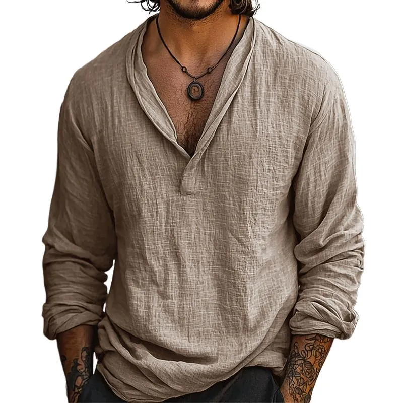 Men's Retro Casual Cotton and Linen Long Sleeve Shirt 45851855TO sold by Manly