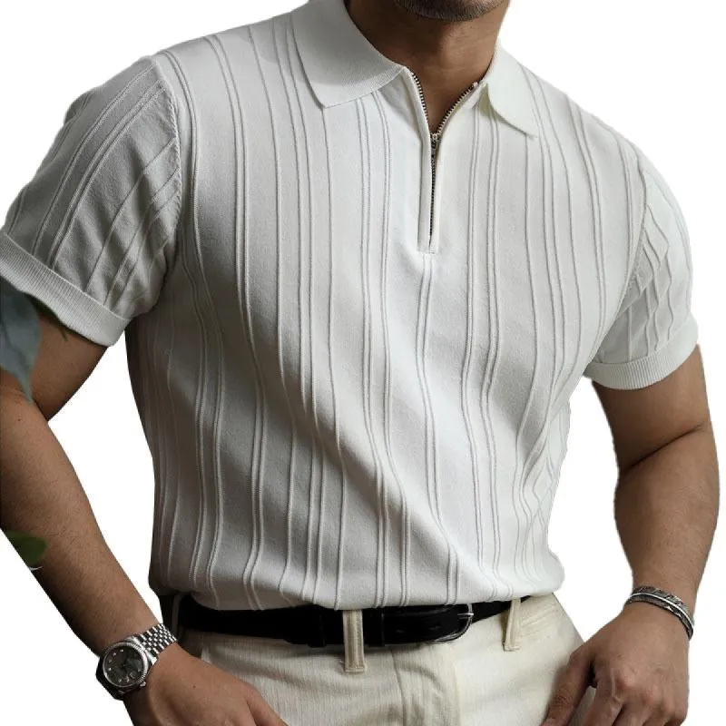 Men's Casual Striped Loose Lapel Zipper Knitted Short Sleeve Polo Shirt 22383022M sold by Manly