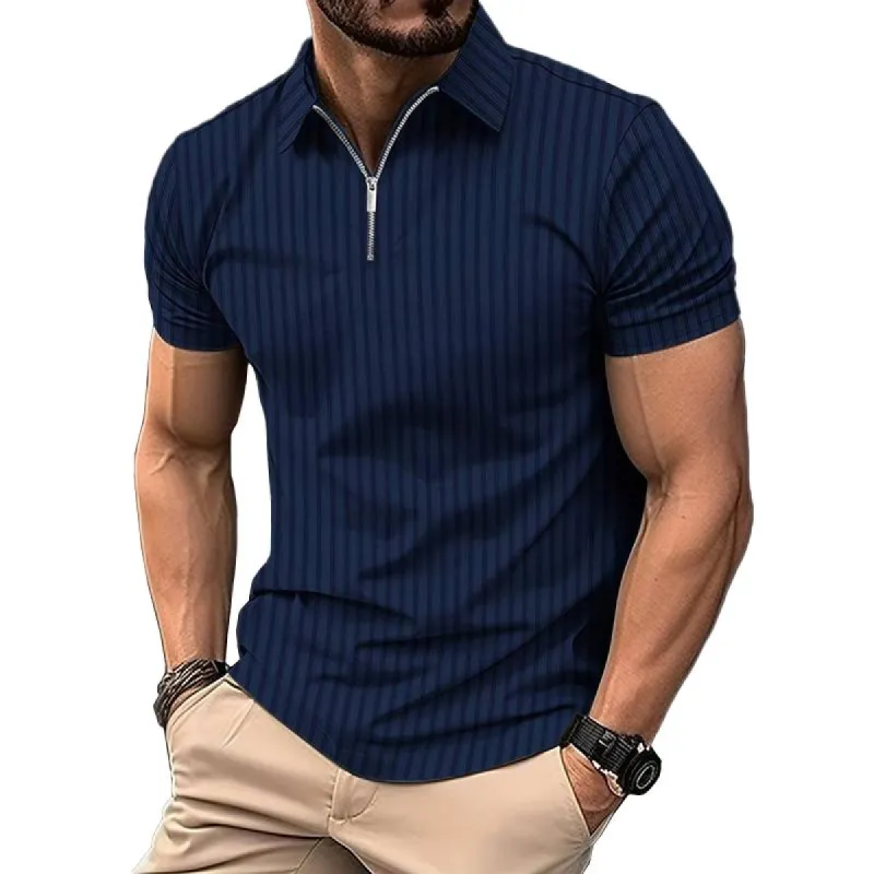 Men's Solid Striped Lapel Short Sleeve Polo Shirt 90409237Z sold by Manly