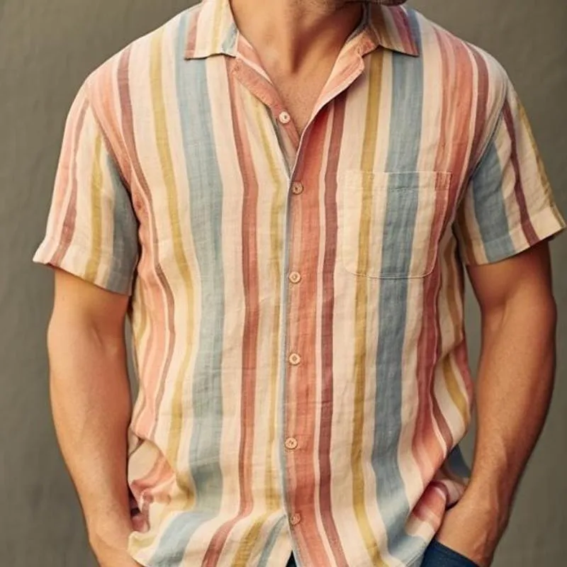 Men's Cotton and Linen Striped Contrast Print Short-sleeved Shirt 45465351X sold by Manly product image thumbnail 3