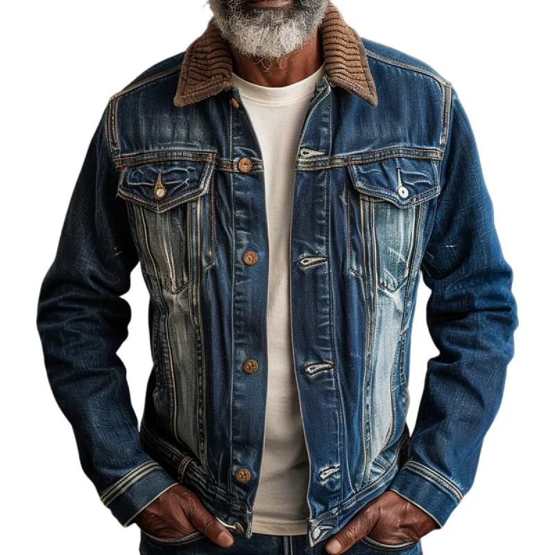 Men's Fashion Distressed Denim Color Block Lapel Single Breasted Jacket 57791497Z sold by Manly